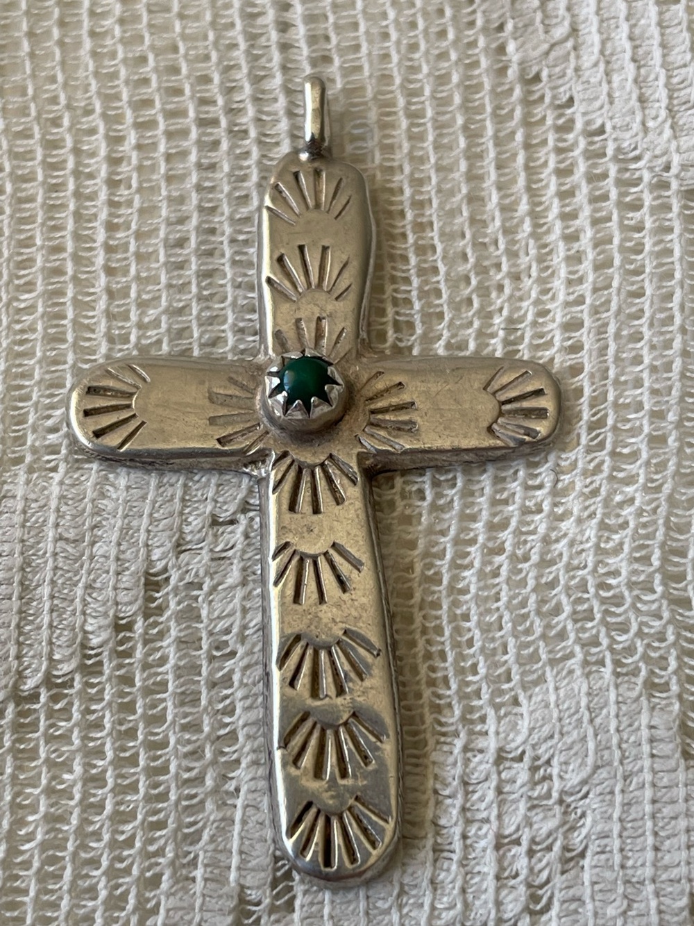 Vintage Navajo Stamped Sterling Silver Cross Pendant — Green Turquoise Stone